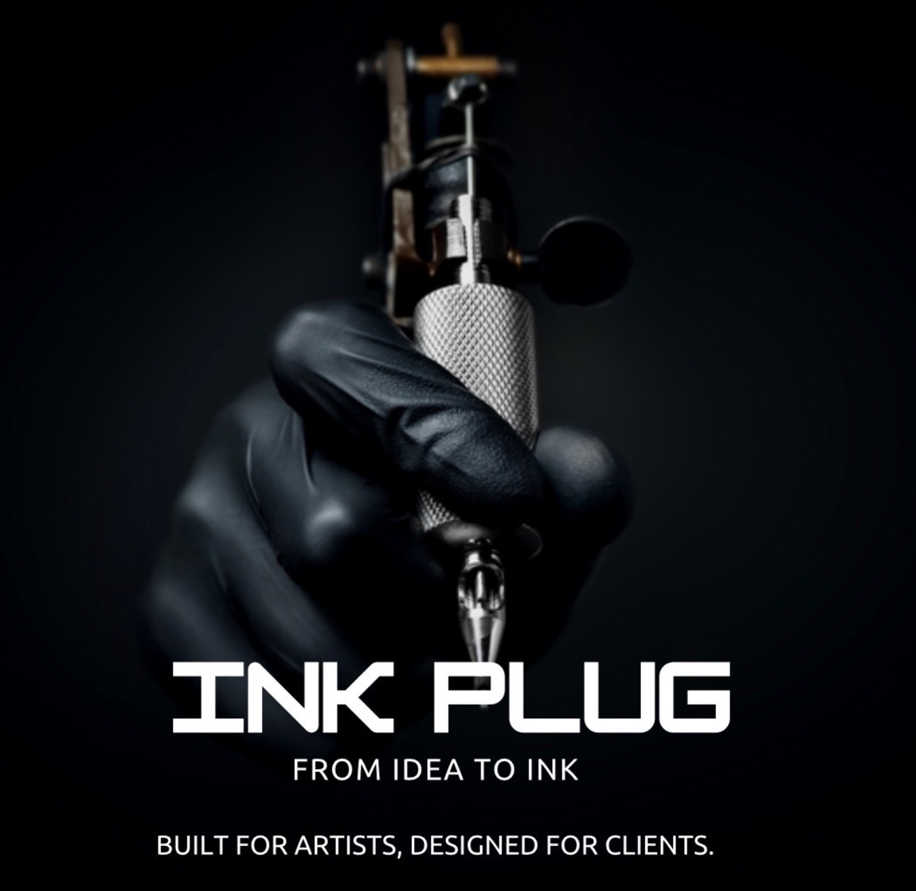 InkPlug brand graphic featuring a tattoo machine and the line from idea to ink.