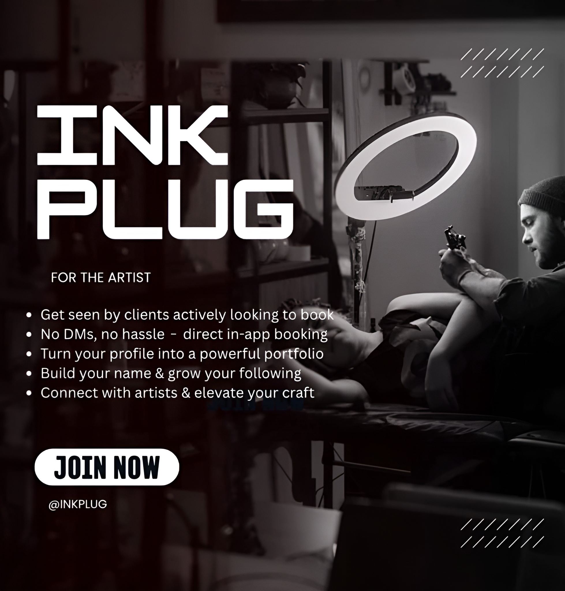 InkPlug artist graphic describing artist-side booking and profile tools.