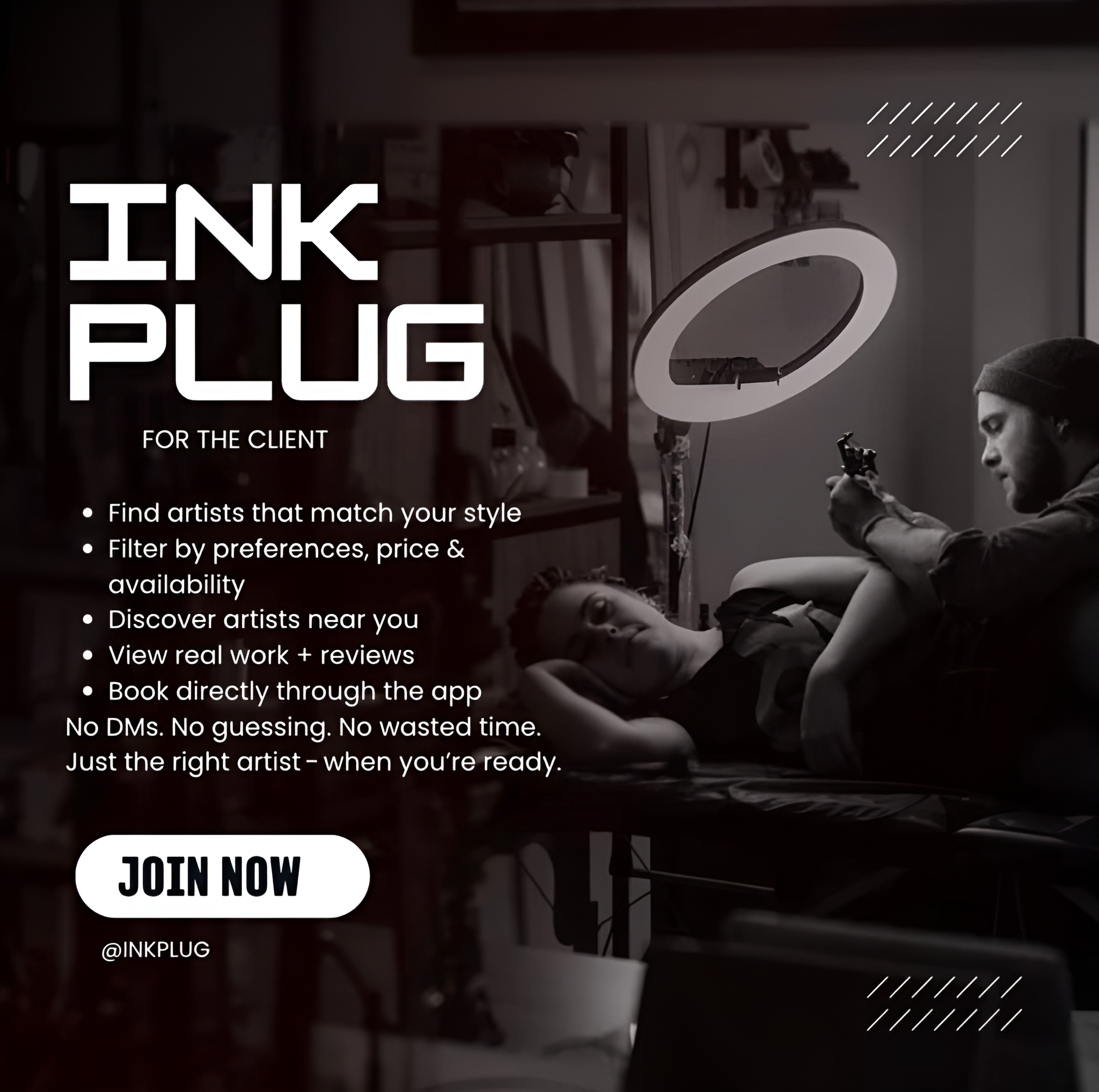 InkPlug client graphic showing booking and discovery benefits for tattoo clients.